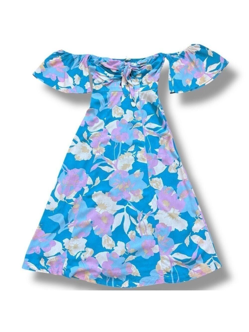 NWT Urban Outfitters En Creme Blue Pink Off Shoulder Floral Midi Dress - Large